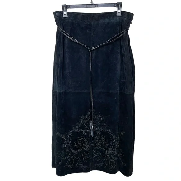 NWT Pamela McCoy Genuine Leather Western Boho Midi Skirt Black Large - Picture 2 of 15